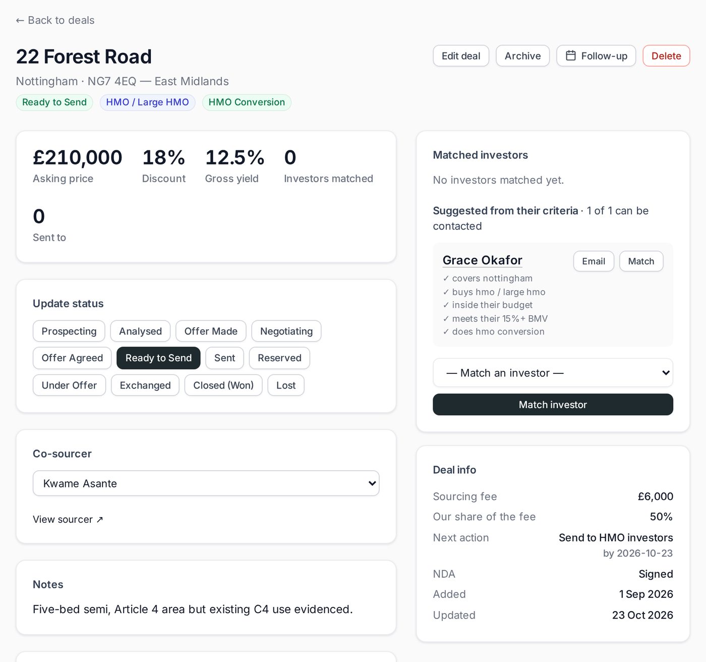 A deal page showing a suggested investor with the reasons they match